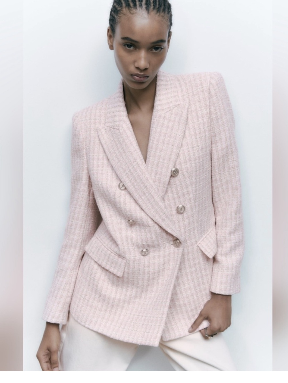 ZARA Pink & Silver Textured Tweed Blazer Double Breasted Silver Buttons M NWT